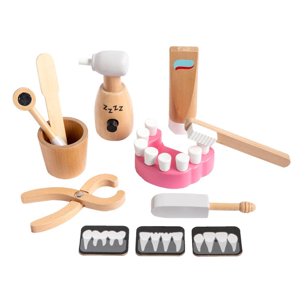 The Wooden Dentist Set includes a toothbrush, toothpaste, dental mirror, drill, cup, pliers, dental model with teeth, and two X-ray plates—great for pretend play and teaching kids about dental care.