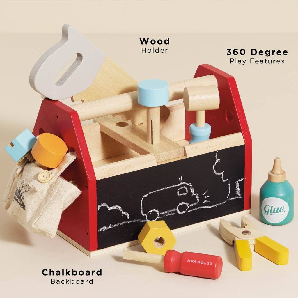 The Tool Box & Wooden Tools set for early years features a chalkboard front with a truck drawing, toy tools (saw, hammer, wrench, screwdriver, glue bottle, blue peg), canvas bag, and labels highlighting play features for fine motor skills.