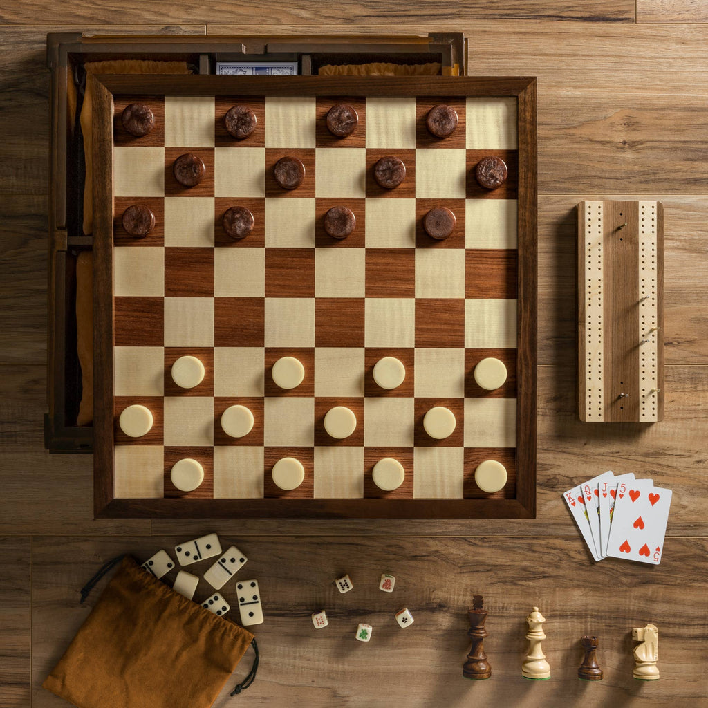 The Heirloom Edition: 7-in-1 by WS Game Company includes chess, checkers, backgammon, cribbage, poker dice, cards, and dominoes—all elegantly arranged in a classic walnut game cabinet.