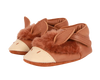 A pair of Donsje Baby Donkey Shoes designed to look like playful foxes, featuring soft brown fur and premium leather accents on the ears and snout, isolated on a white background.