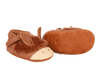 A pair of Donsje Baby Donkey Shoes designed to look like cartoonish brown horses, featuring soft materials, embroidered faces, and small ears with a Velcro fastening strap, isolated on a black background.