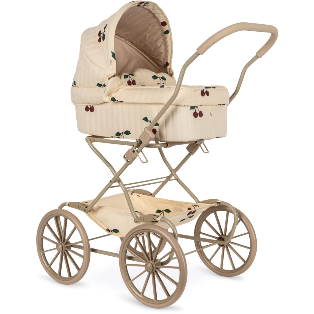 Vintage-style Doll Pram - Glitter Cherry in beige with floral design, featuring EVA material wheels, a soft interior, and a curved handle, isolated on a white background.