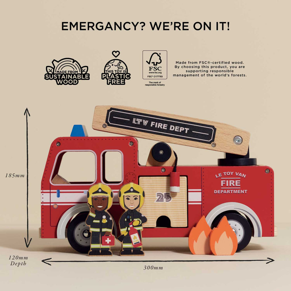 The Wooden Toy Fire Engine & Characters includes two firefighter figurines and two flame pieces. With "EMERGENCY? WE'RE ON IT!" text, this sustainable toy measures 185mm H x 300mm L x 120mm D and features eco-friendly icons.