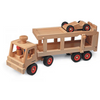 Fagus Car Transporter with a flatbed trailer carrying a smaller speedy car, displayed on a white background. The toys have red and black wheels and crafted details.