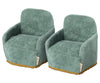 Two plush sea green armchairs with a fuzzy texture and golden trim at the base, displayed on a white background as part of the Maileg Farmhouse - Fully Furnished collection.