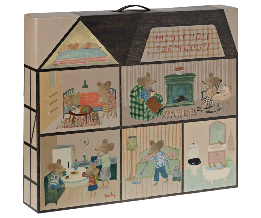 Illustration of a wooden block puzzle depicting scenes of mice in various activities inside a Maileg Farmhouse Dollhouse, such as cooking, dining, and washing, drawn in a charming, detailed style.