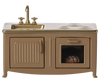A Maileg Farmhouse - Fully Furnished featuring a beige finish with a built-in sink, faucet, and stovetop, and an open oven door revealing a roast chicken inside.