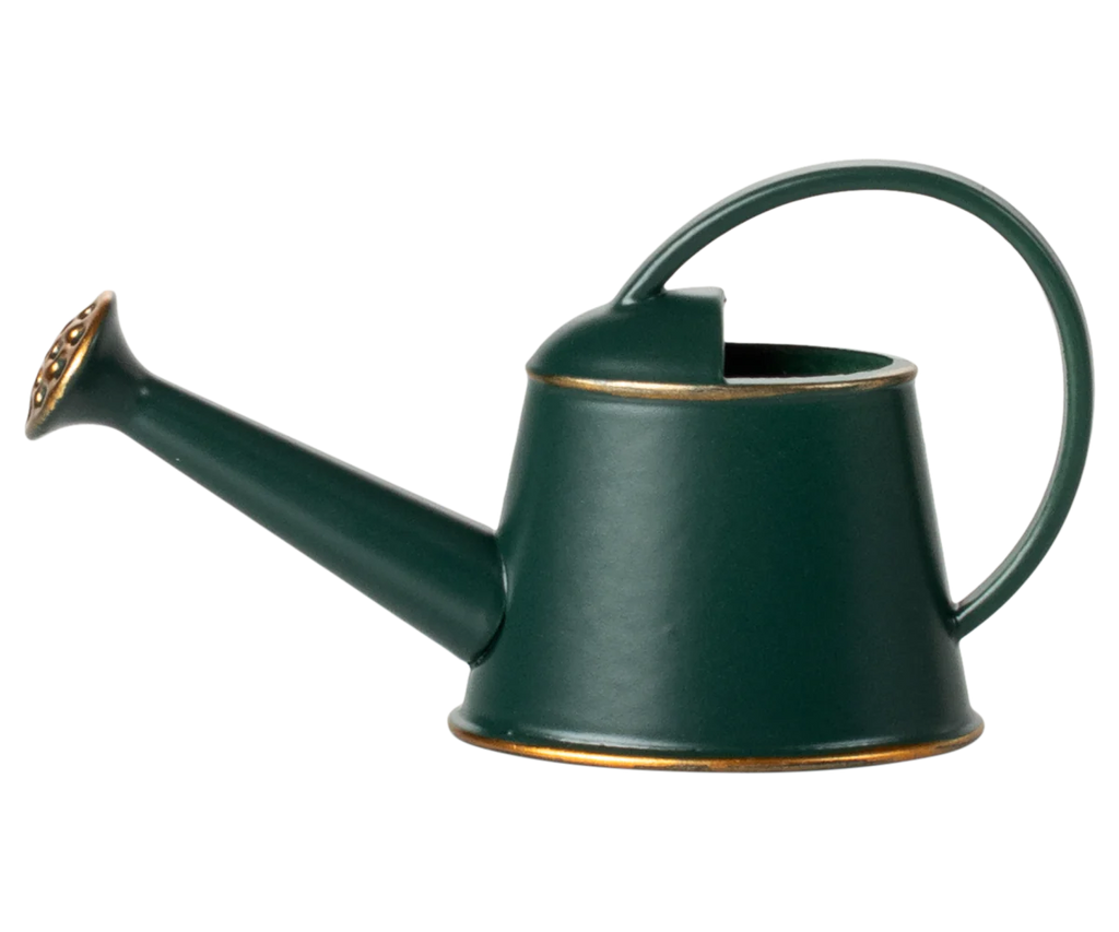 The Maileg Watering Can, Mouse - Dark Green, features a gold-rimmed base and spout with a curved handle—an adorable metal accessory to add whimsical charm to any mouse play scene.