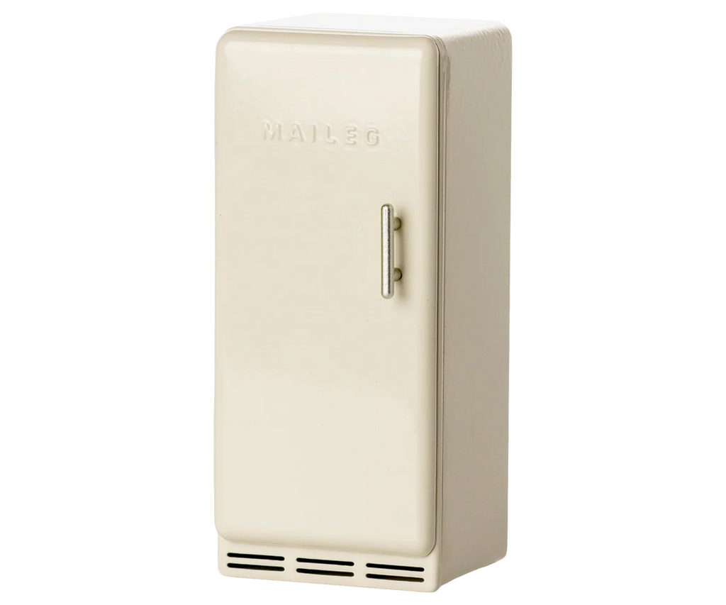 The PRE-ORDER: Fridge, Mouse - Off White (Aprox. Ship Date: Early October) is a small, cream-colored vintage fridge with a simple handle and "MAILEG" embossed, perfect for play in your Maileg Mouse hole Farmhouse.