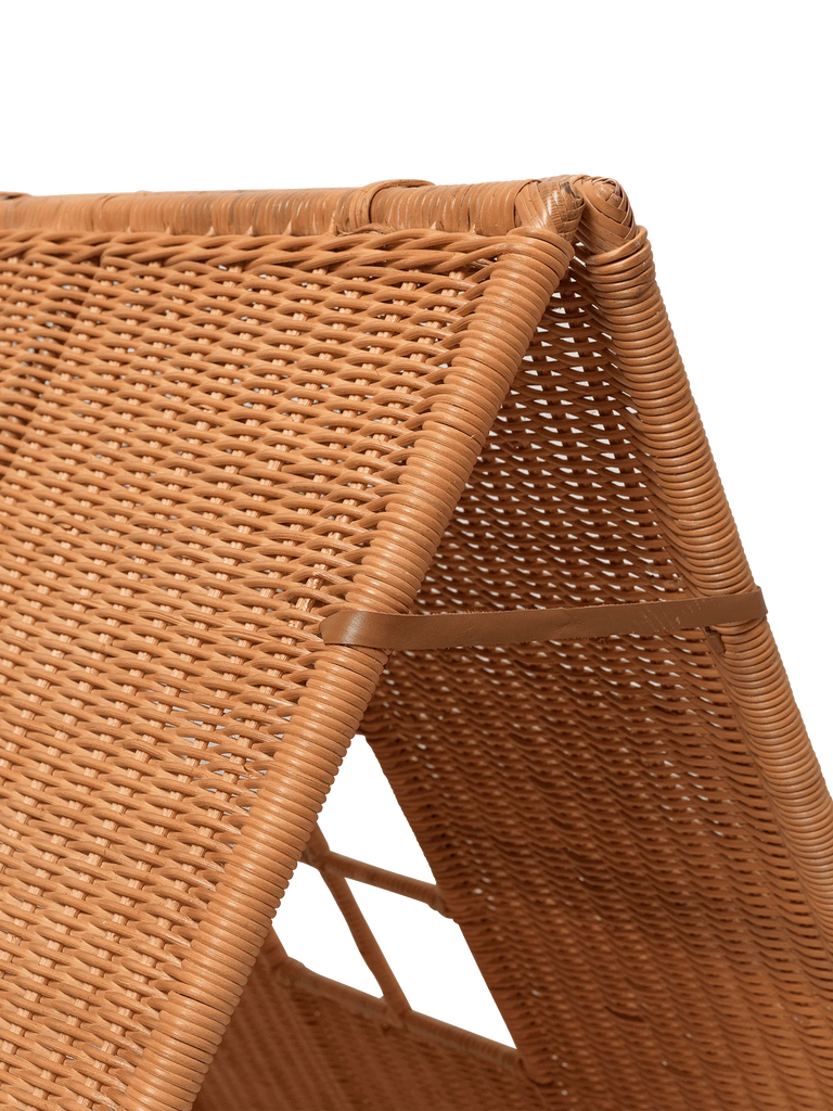 Close-up of a Ferm Living Braided Tent corner, showing detailed braided rattan texture and craftsmanship, set against a black background.