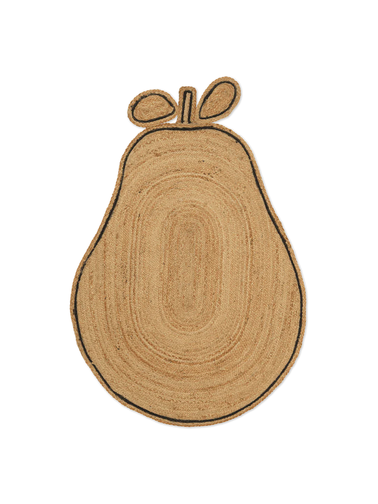 Illustration of a Ferm Living Pear Braided Jute Rug shaped like a wood cut, showing tree ring patterns within its silhouette, set against a black background.