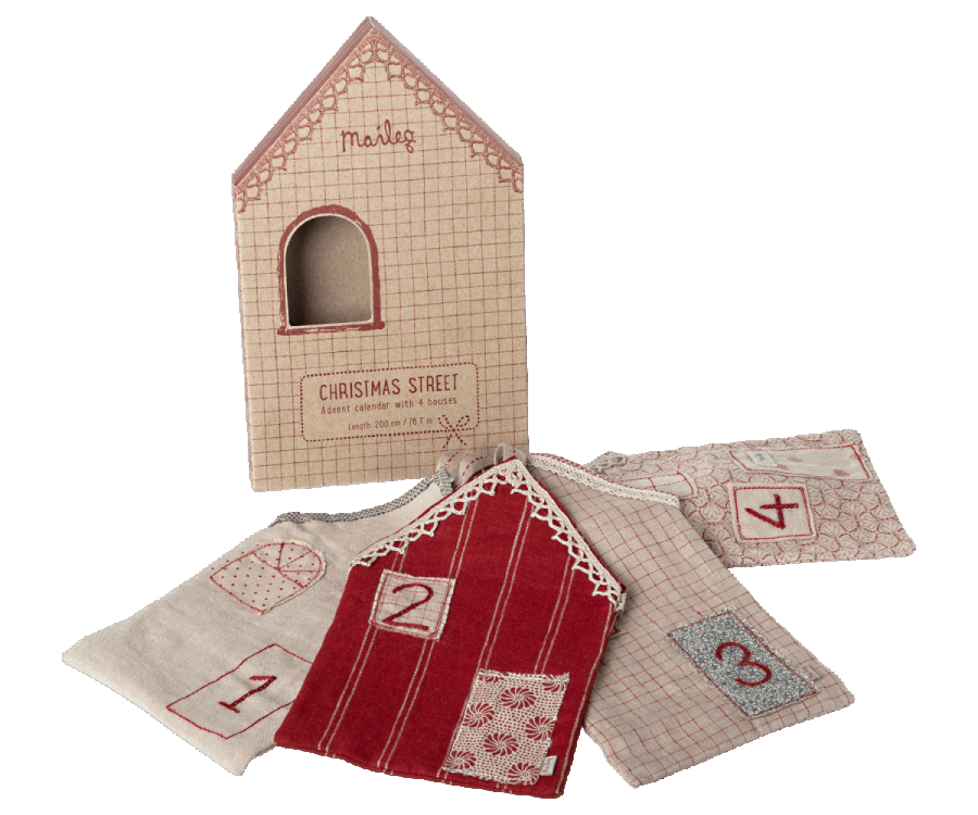 The Maileg Christmas Street Advent Calendar features fabric pouches shaped like embroidered houses, numbered 1-4 in festive patterns, displayed with a matching house-shaped "Christmas Street" box—a charming holiday decoration.