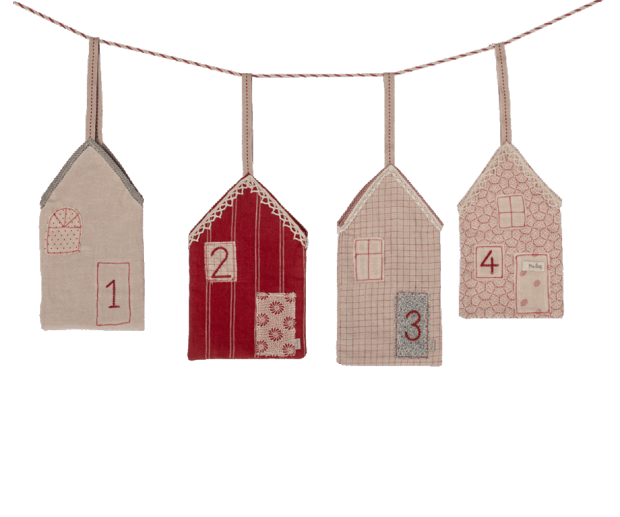 Maileg Christmas Street Advent Calendar features four embroidered houses numbered 1-4 on a string, with simple stitched patterns in red, beige, and grey—perfect festive decorations for your advent display.