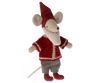 A small Maileg Santa Mouse dressed in festive Santa clothes. It wears a red knit Santa hat, a red sweater with white trim, gray pants, and red shoes. The mouse has a beige face, large round ears, and a long tail. Standing upright and smiling cheerfully, it's ready for Christmas night festivities.