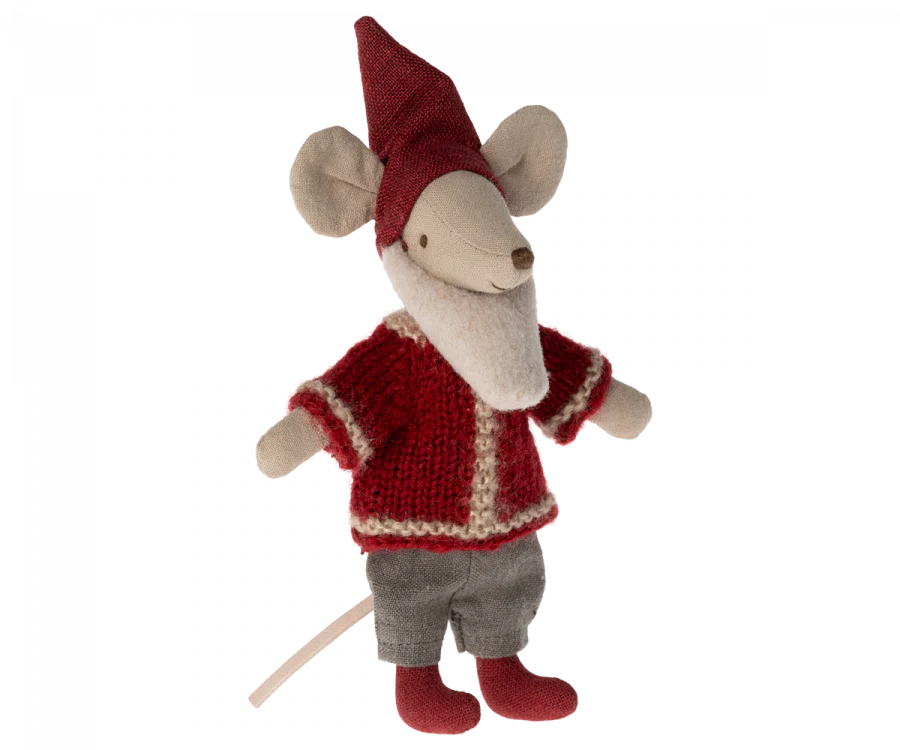 A small Maileg Santa Mouse dressed in festive Santa clothes. It wears a red knit Santa hat, a red sweater with white trim, gray pants, and red shoes. The mouse has a beige face, large round ears, and a long tail. Standing upright and smiling cheerfully, it's ready for Christmas night festivities.