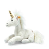 A Steiff Unicorn Stuffed Animal, 11 Inches with a white body, fluffy mane, golden horn, and a label on its ear, isolated on a white background.