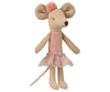 A Maileg Ballerina Mouse - Big Sister wearing a pink ballerina tutu with a rose-patterned headpiece, standing upright with a light beige body and elongated limbs.
