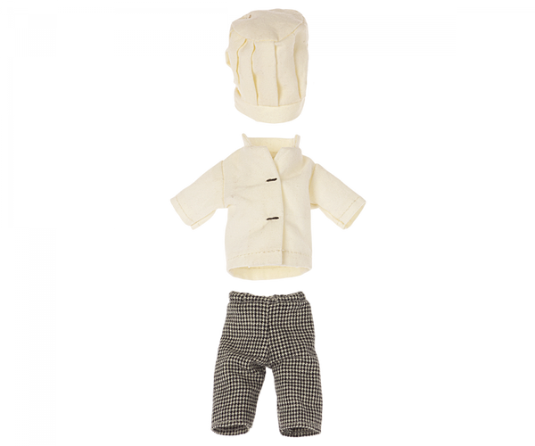 A Maileg Extra Clothing: Chef Clothes For Big Sister Mouse, displayed on a plain background. The set includes a white double-breasted jacket, checkered pants, and a tall white hat.