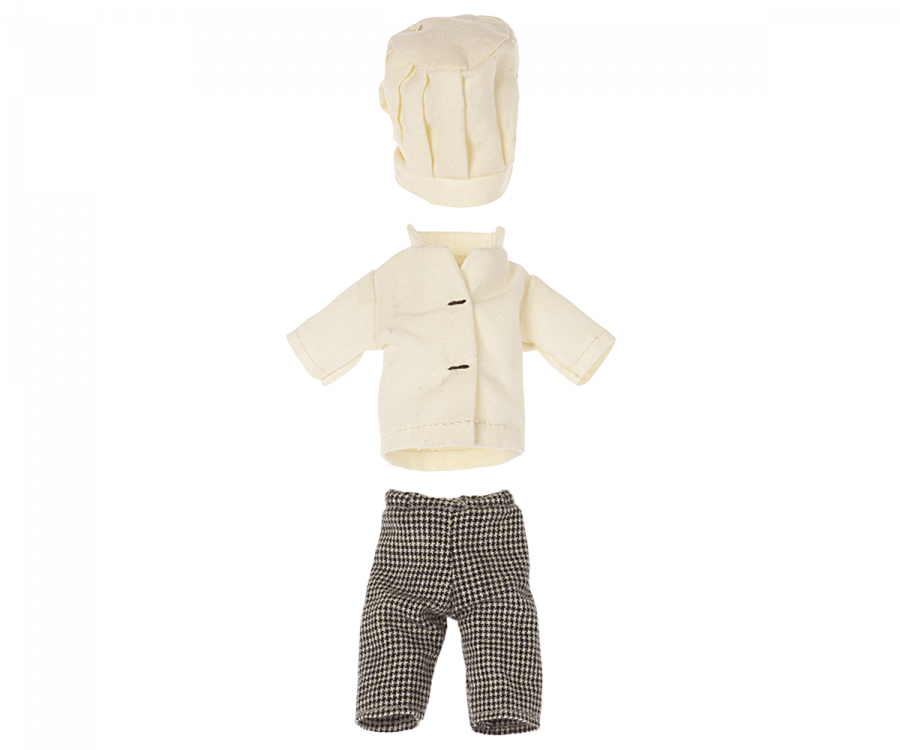 A Maileg Extra Clothing: Chef Clothes For Big Sister Mouse, displayed on a plain background. The set includes a white double-breasted jacket, checkered pants, and a tall white hat.