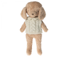 A soft, brown plush bunny toy wearing a Maileg Puppy Sweater - Off White, isolated on a white background.