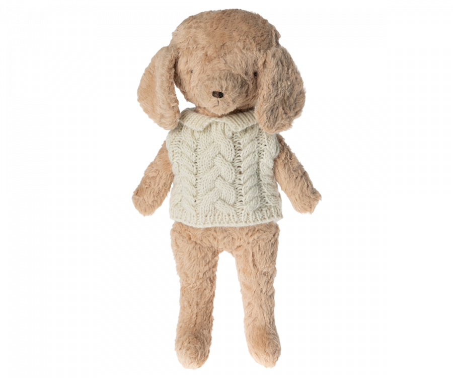 A soft, brown plush bunny toy wearing a Maileg Puppy Sweater - Off White, isolated on a white background.