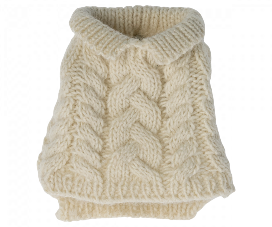 A off white Maileg Puppy Sweater with a cable knit pattern and a tail hole, isolated on a white background.