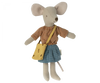 A Maileg Farmhouse - Fully Furnished stuffed toy mouse wearing a striped orange and white shirt, blue plaid skirt, and a yellow shoulder bag, standing upright against a neutral background.