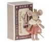 A Maileg Princess Little Sister mouse wearing a pink tutu and a golden crown, situated next to a decorative matchbox labeled "grand old match factory mouse royal.