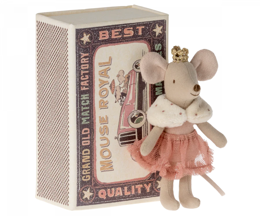A Maileg Princess Little Sister mouse wearing a pink tutu and a golden crown, situated next to a decorative matchbox labeled "grand old match factory mouse royal.