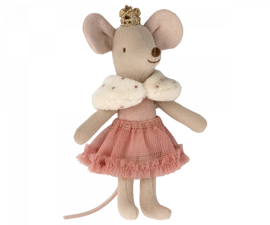 A Maileg Princess Little Sister mouse, adorned with a gold crown and wearing a pink ballet tutu, stands upright against a matchbox background.