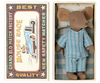 A vintage matchbox bed labeled "Best Mouse Race Matches" next to a Maileg Big Brother Mouse in Box dressed in a blue and white checkered outfit, sitting on a small pillow.