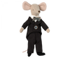A plush Maileg Wedding Mice Couple in Box dressed in a black suit and white shirt, featuring a bow tie and decorative badge, standing against a plain background. This toy Maileg Wedding Mice Couple in Box is part of our delightful Maileg mice collection.