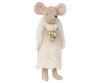 A Maileg Wedding Mice Couple in Box wearing a white lace wedding dress and holding a small bouquet of flowers, isolated on a black background.