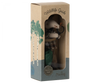 A Maileg Wildlife Guide Mouse toy inside a display box labeled "Wildlife Guide" by Maileg, featuring a clear plastic front and cardboard sides with tree designs. The toy mouse has a magnet in