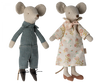 Two Maileg Grandma & Grandpa Mice in Cigarbox dolls against a black background; one dressed in a plaid suit and the other in a floral dress, both standing upright.