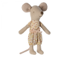 A Maileg Little Sister mouse in matchbox in a yellow polka-dot dress and a beige belt, standing upright on a black background. The mouse has large ears, a stitched nose, and a tail.