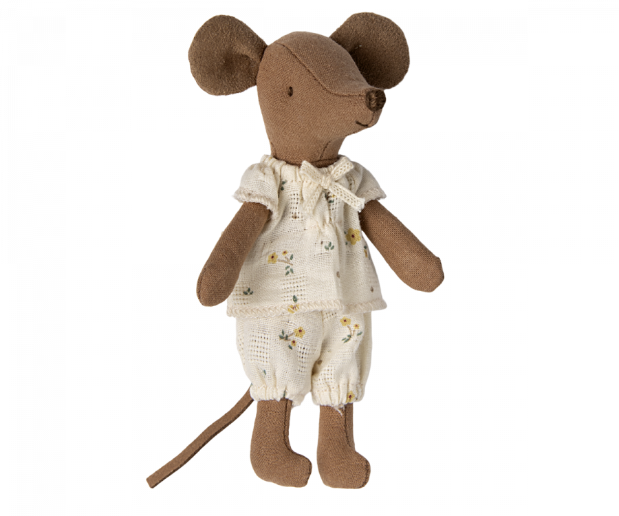 A brown Maileg Big Sister, Mouse In Matchbox with large ears, wearing a white floral-patterned top and matching pants, stands against a white background. Made from soft fabrics, the mouse has a simplistic, stitched facial expression and a long tail. This charming toy is perfect for tucking into its cozy matchbox bed.