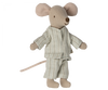 A plush toy Maileg Big Brother mouse wearing a cozy, light green striped pajama suit, standing upright against a plain background. It features a soft textured body with prominent ears and a long tail.