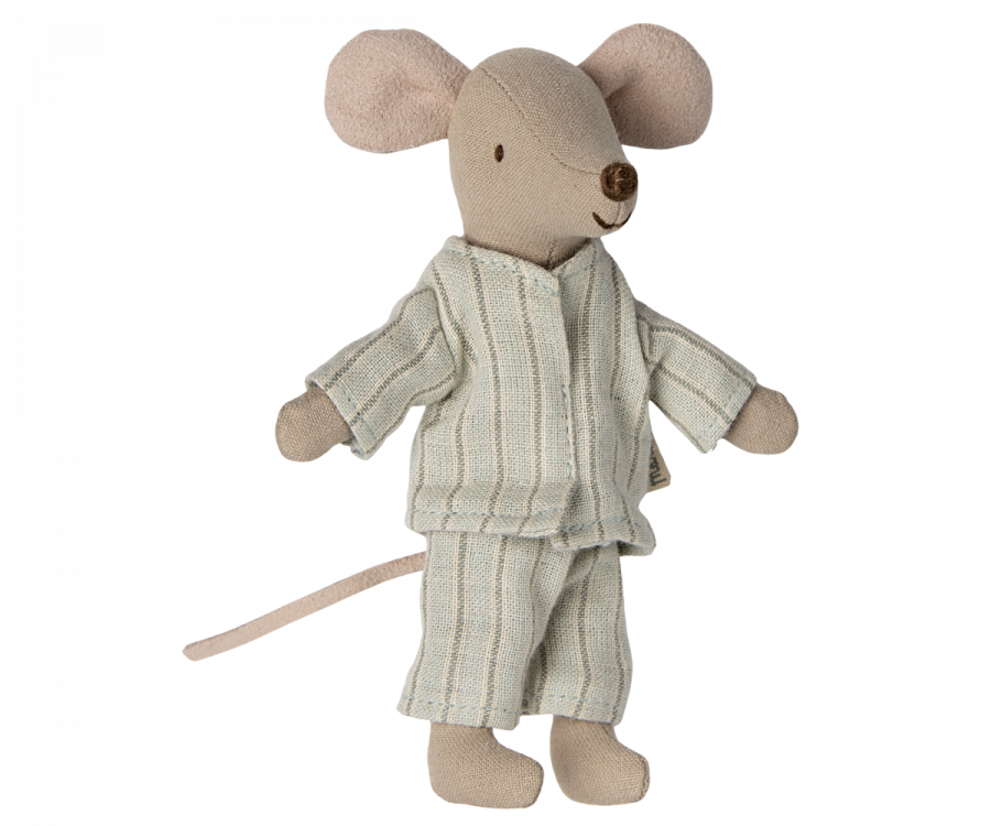 A plush toy Maileg Big Brother mouse wearing a cozy, light green striped pajama suit, standing upright against a plain background. It features a soft textured body with prominent ears and a long tail.