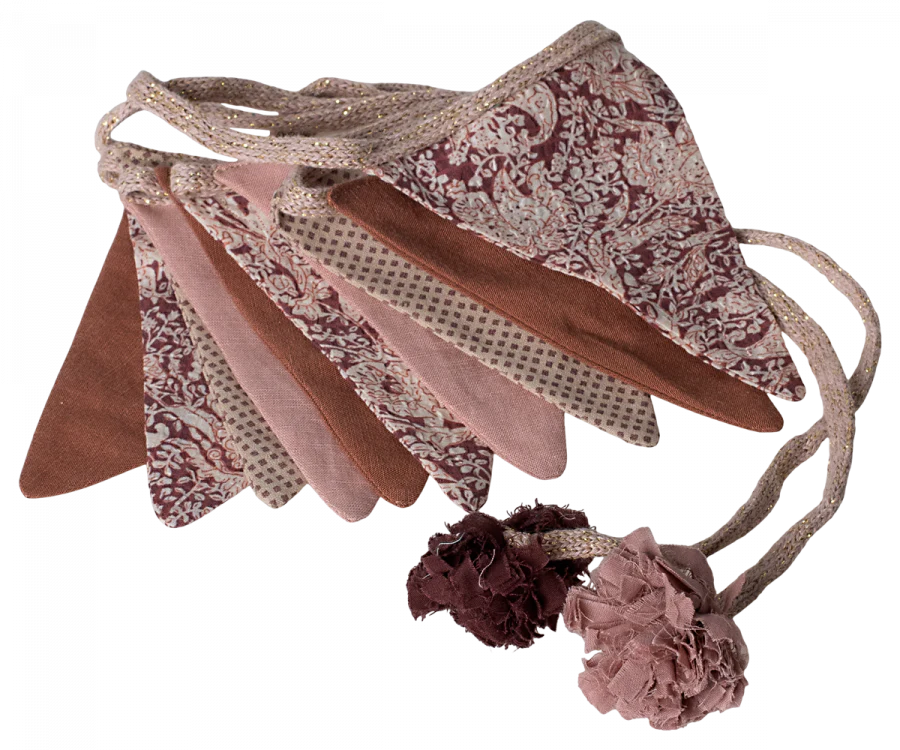 A collection of vintage fashion accessories, including a lace hand fan, silk scarves, a beaded necklace, and Maileg Garland - Rose, displayed on a transparent background.