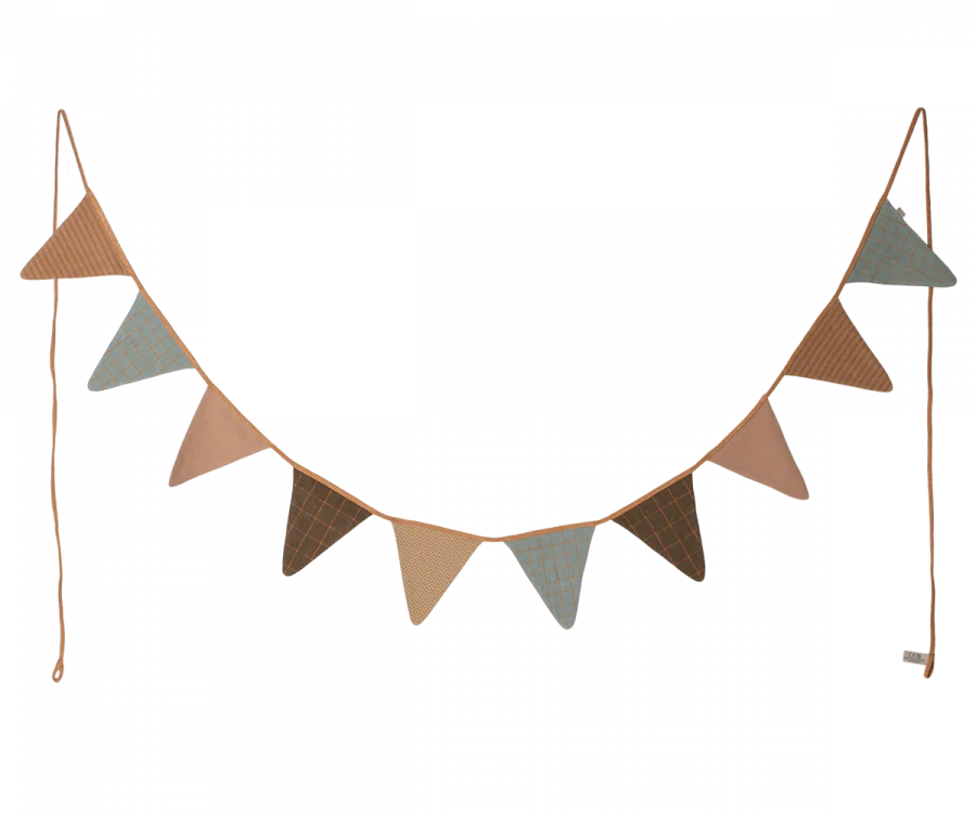 A Maileg Garland - Ocher featuring an assortment of geometric-shaped paper flags in various colors like blue, brown, and beige, hanging against a transparent background.