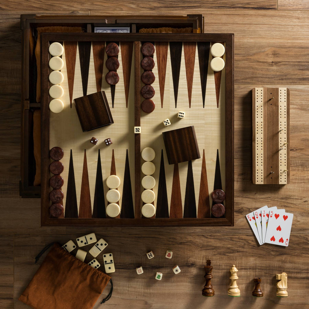 The Heirloom Edition: 7-in-1 by WS Game Company includes chess, checkers, backgammon, cribbage, poker dice, cards, and dominoes in a stylish walnut cabinet for elegant game nights.