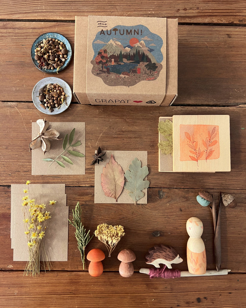 A flat lay of the Hello Autumn Set (Grapat X Ostheimer Limited Edition), featuring autumn-themed crafts, wooden mushrooms, a painted card, a wooden doll, dried leaves, seeds, yellow flowers, and a box with “AUTUMN!” and mountain art.