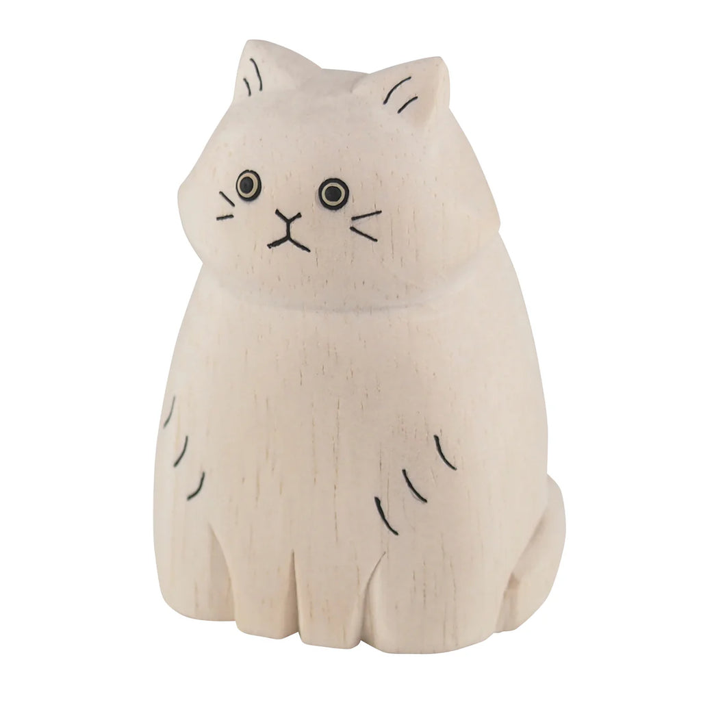 Handmade Tiny Wooden Animals - Long Haired White Cat: A petite, light-toned Albizia wood figurine crafted by Bali artisans, featuring a round body, pointed ears, simple black details for whiskers and fur, and a serene expression.