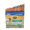 A box of Lyra Color Giants Unlacquered Pencils - 12 Assorted Colors, featuring 12 large-sized, break-resistant pencils in various colors, displayed with pointed tips facing upwards. The packaging highlights the brand and origin from Germany.