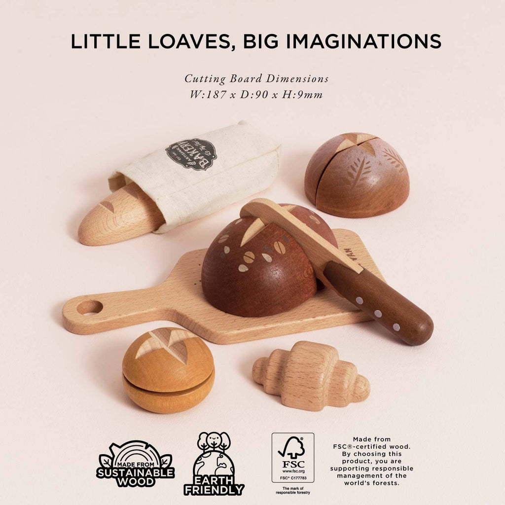 The Artisan Bread and Knife Set (ships in one week) includes a knife, cutting board, bread pieces with pretend slices, and a cloth bag. Eco-friendly and FSC certified. Text reads “Little Loaves, Big Imaginations.”.