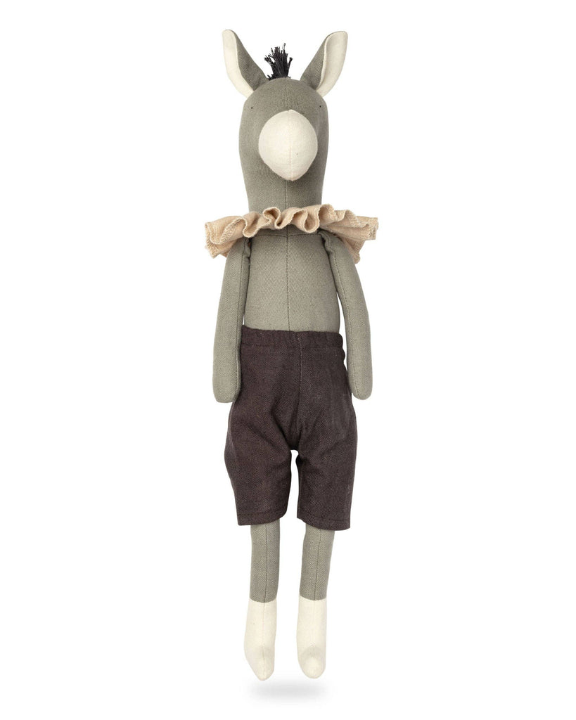 Introducing Darwin the Donkey, a cuddly fabric toy made from recycled polyester. This adorable toy features a grey body, white snout and ears, black tuft of hair, beige ruffled collar, and dark brown shorts with a handmade look.