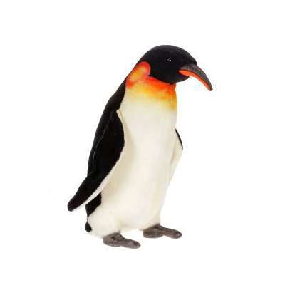 The Penguin Stuffed Animal, Medium is a hand-sewn plush toy shaped like an emperor penguin with a black back, white belly, orange neck markings, and orange beak accents—ideal for collectors of realistic stuffed animals.
