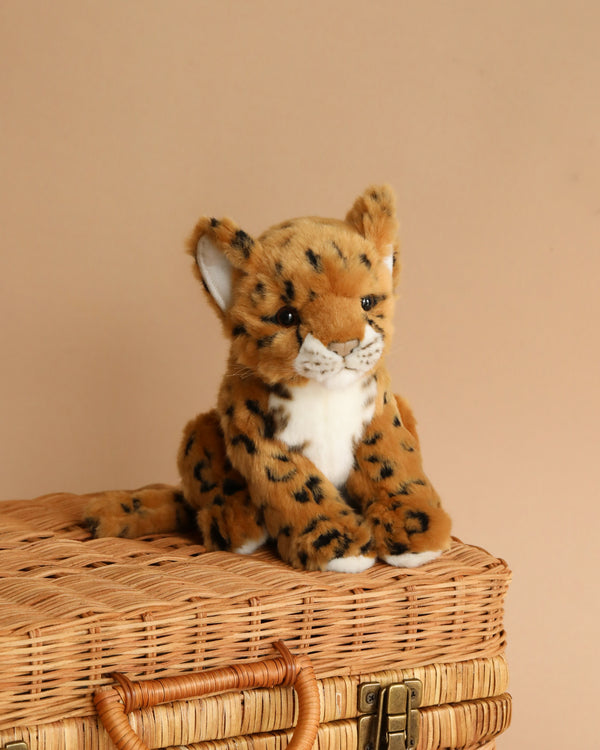 A Sitting Jaguar Cub Stuffed Animal with a lifelike design, sitting on a wicker basket against a plain beige background. The toy has detailed features and spotted fur, characteristic of hand-sewn plush toys.