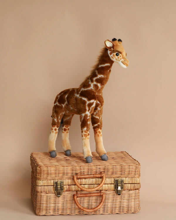 A Giraffe Stuffed Animal, crafted from high-quality man-made materials, stands on top of a woven wicker picnic basket against a plain beige background. The giraffe has a detailed pattern and cute facial features.